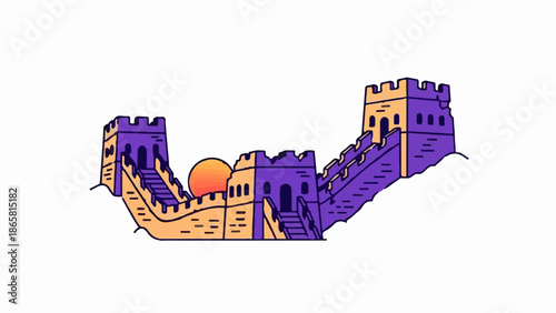 Stylized illustration of a segment of a ancient fortified wall at sunset
