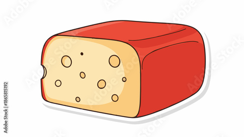 A cartoonish block of cheese with a red rind and a bite mark