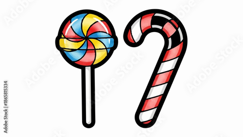 A colorful swirled lollipop and a striped candy cane are displayed against a white background