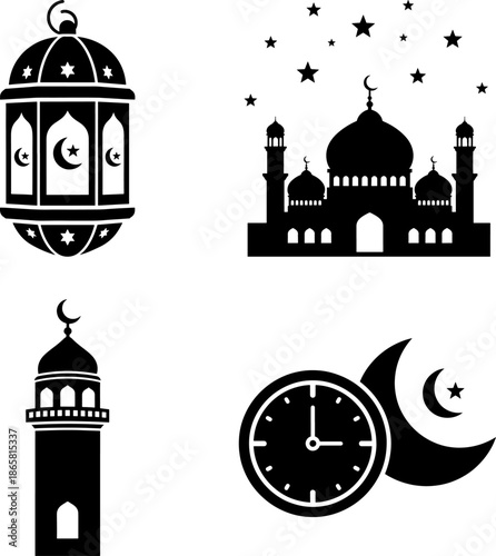 Islamic Ramadan Time and Celebration Icon Set - Mosque Silhouette with Clock, Moon, and Lantern Vector