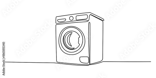 A minimalist continuous line art illustration of a modern front-loading washing machine