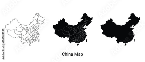 Three styles of china map outlines and solid silhouette