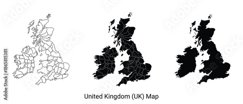 Three styles of united kingdom uk map outline graphics