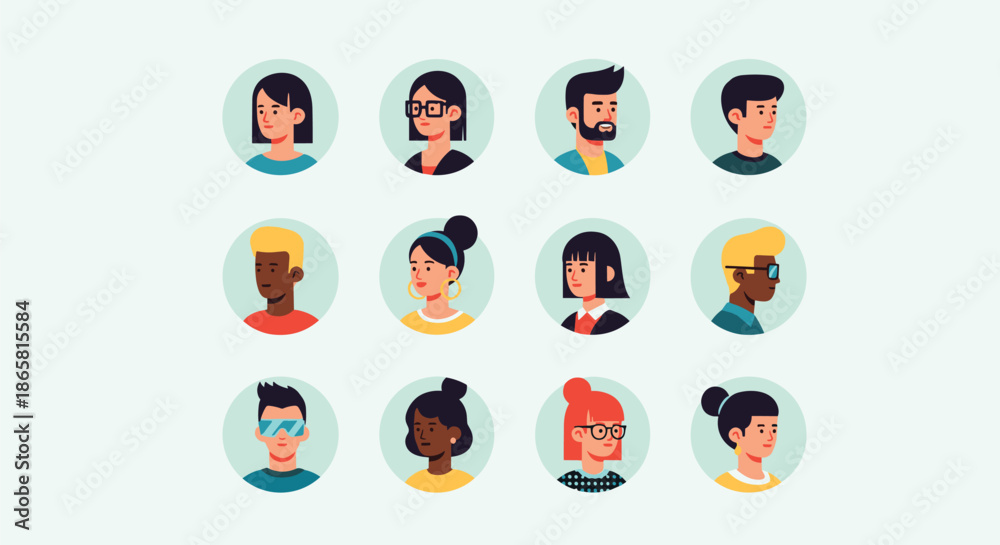 Fototapeta premium Diverse collection of twelve people avatars features men and women of different ethnicities in colorful circular frames.