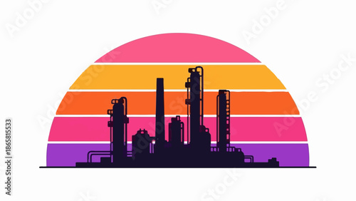Stylized industrial silhouette against a layered sunset gradient