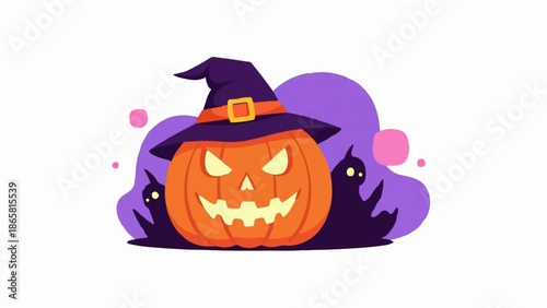 A grinning jack-o'-lantern wearing a witch hat, with spooky ghosts and abstract shapes