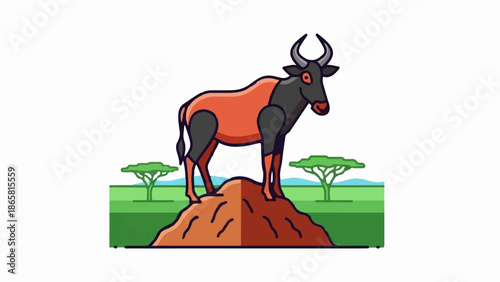 Stylized wildebeest stands atop a mound with acacia trees and savanna backdrop