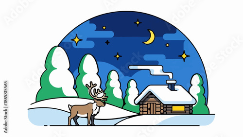 Cozy cabin with reindeer in snowy forest under starry night sky