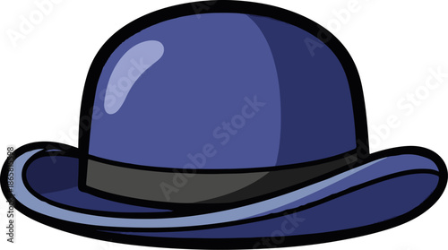 A cartoonish blue bowler hat with a dark band and a light blue trim