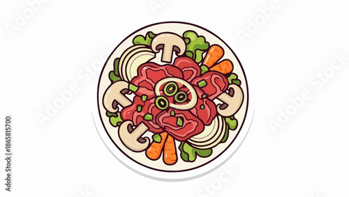 A colorful cartoon plate of raw beef, mushrooms, onions, carrots, and green onions
