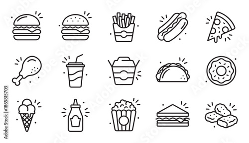 Collection of black line fast food icons featuring a hamburger, pizza, hot dog, fries, and soda, drawn in a simple minimalist vector style for menu or graphic design