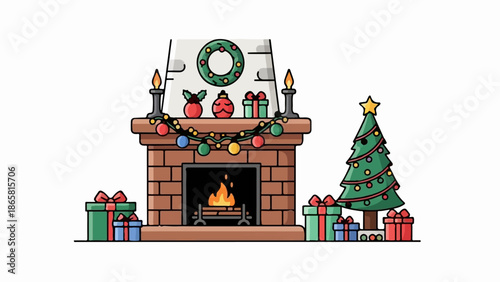 A cozy fireplace scene with a decorated Christmas tree and presents
