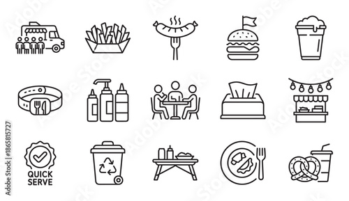 Set of street food festival line icons representing fast food, drinks, and outdoor eating elements like a food truck, hamburger, fries, beer, and picnic table in a minimal style