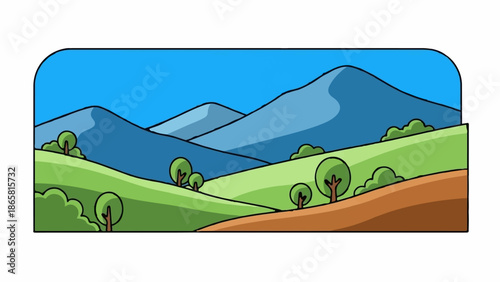 Rolling green hills and blue mountains under a bright blue sky