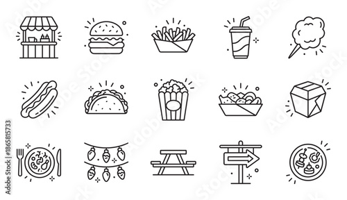Set of street food festival icons in a minimalist black line art style, featuring a hamburger, hot dog, pizza, popcorn, and other fast food items for a fun fair or carnival theme