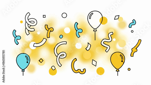 A festive collection of balloons and confetti against a sparkling yellow background