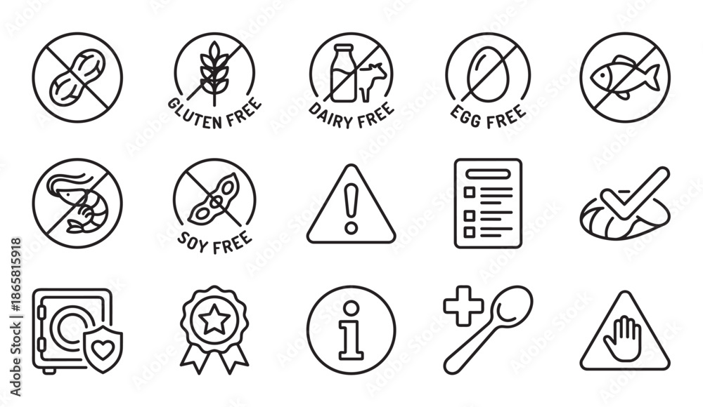 Fototapeta premium Collection of black line art icons representing food allergens, dietary restrictions, and product information symbols for packaging and labeling in a clean, minimalist vector style