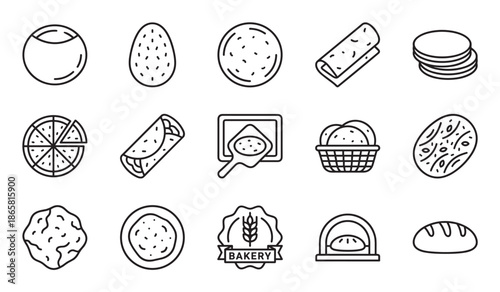 Bakery and bread line icon set with various baked goods like pizza, loaf, flatbread, and wraps in a minimalist outline style for food concepts