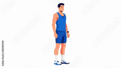Athletic man in blue tank top and shorts, ready for exercise or sport