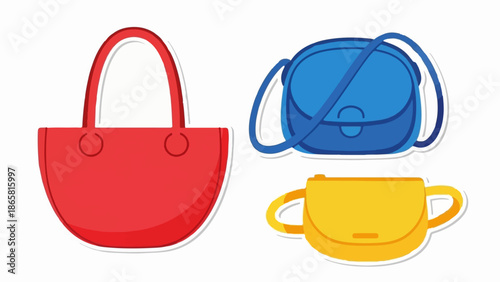 Three colorful, flat-designed handbags red tote, blue crossbody, and yellow shoulder bag
