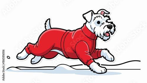 A white, fluffy dog in a red jumpsuit is joyfully running through a snowy landscape