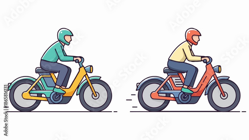 Two riders on colorful motorbikes, one green and yellow, the other orange and blue