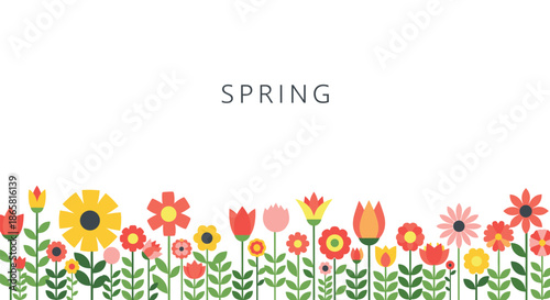 Vibrant row of colorful flat style flowers in shades of red and yellow grows below the word spring on white background.
