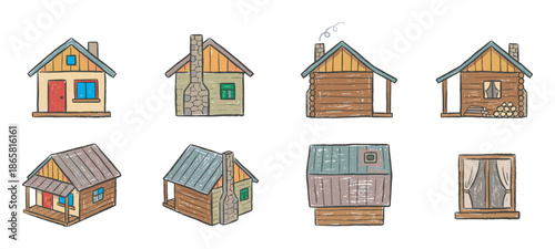 Collection of hand-drawn rustic wooden houses and cabins in a charming doodle style with stone chimneys, porches, and cozy details, representing simple country living