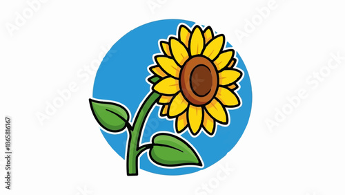 A cartoon sunflower with yellow petals and a brown center against a blue circle