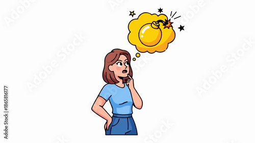 A woman ponders a dangerous idea, represented by a lit bomb in her thought bubble