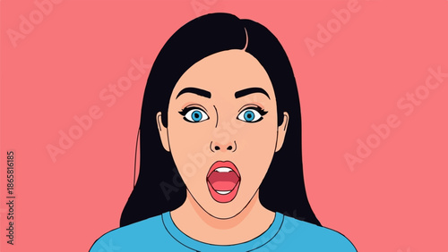 Woman with wide eyes and open mouth, expressing shock against a pink backdrop