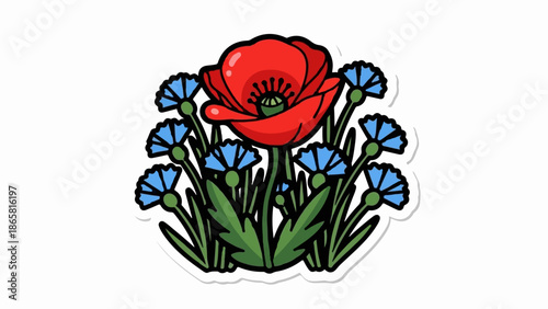 A stylized composition featuring a bright red poppy centrally, surrounded by delicate blue cornflowers and green foliage