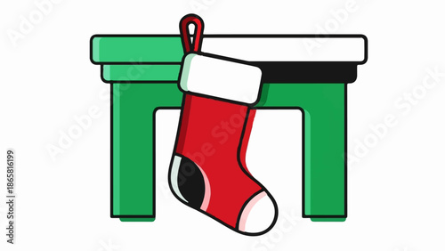 A festive red stocking hangs from a green fireplace mantel with a white and black hearth