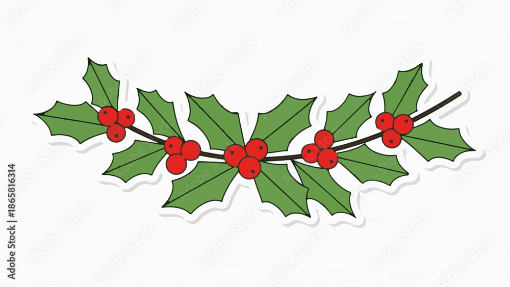 Naklejka premium A curved sprig of green holly leaves with clusters of bright red berries