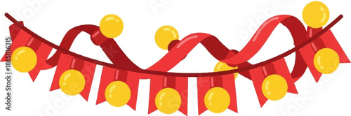 A festive string of red pennant flags and yellow baubles drapes with a celebratory, cheerful feel