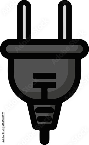 A minimalist graphic of a dark gray electrical plug with two parallel prongs extending upwards