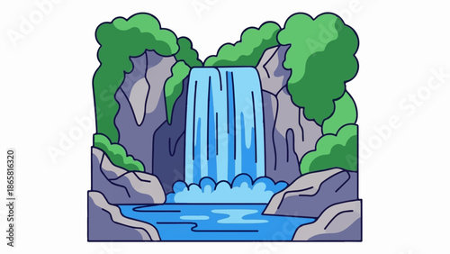 Stylized cascade plunges into a serene pool surrounded by rocky cliffs and lush green foliage