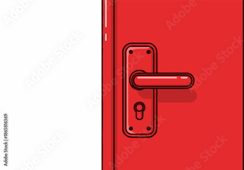 A flat, graphic illustration shows a bright red door with a matching door handle and keyhole