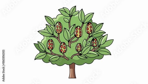 Cartoon tree with green leaves and odd-shaped fruit bearing red and yellow spots