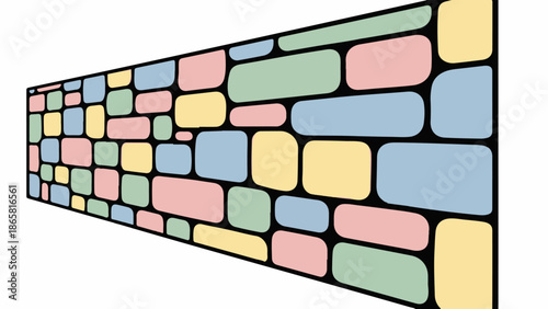 Pastel-colored rounded rectangular blocks form a patterned wall with a perspective effect