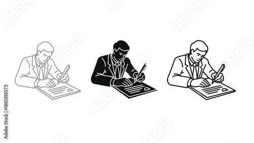 Collection of three stylized male figures showcasing an energetic gesture of victory celebration with arms raised high above their heads illustrating success achievement and triumph