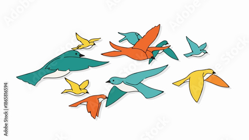 A flock of stylized birds in teal, orange, and yellow, depicted in flight