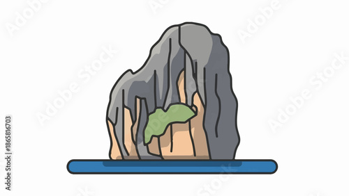 Stylized rock formation with a green island emerging from water