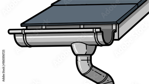 A cartoon illustration of a gray gutter and downspout attached to a roof