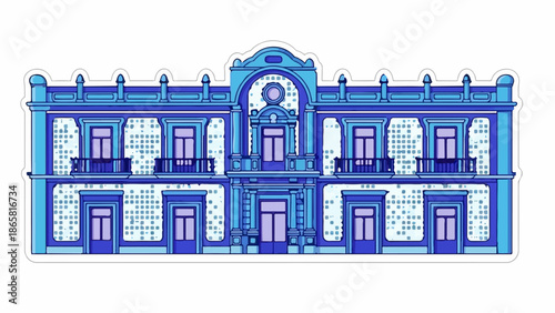 Stylized blue building with multiple windows and balconies, features a symmetrical facade