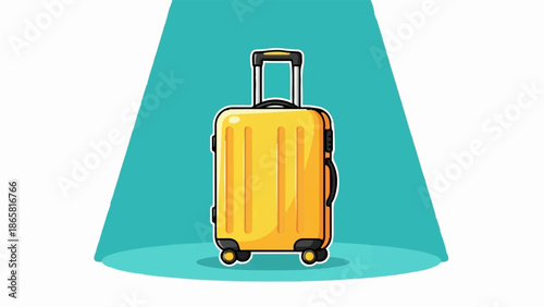 A bright yellow wheeled suitcase with a telescoping handle stands on a blue stage