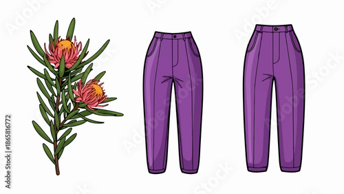 Stylized purple trousers and a flowering plant branch