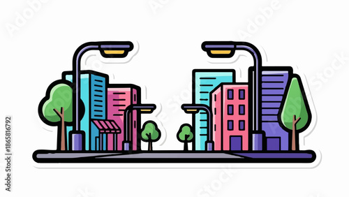 Colorful cartoon city street with buildings, trees, and streetlights