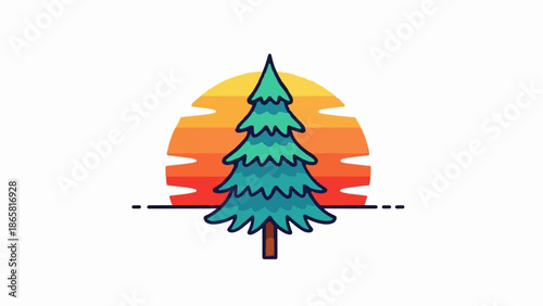 Evergreen tree silhouetted against a vibrant sunset