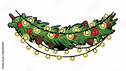 Festive pine garland with bright fairy lights, red berries, and pinecones